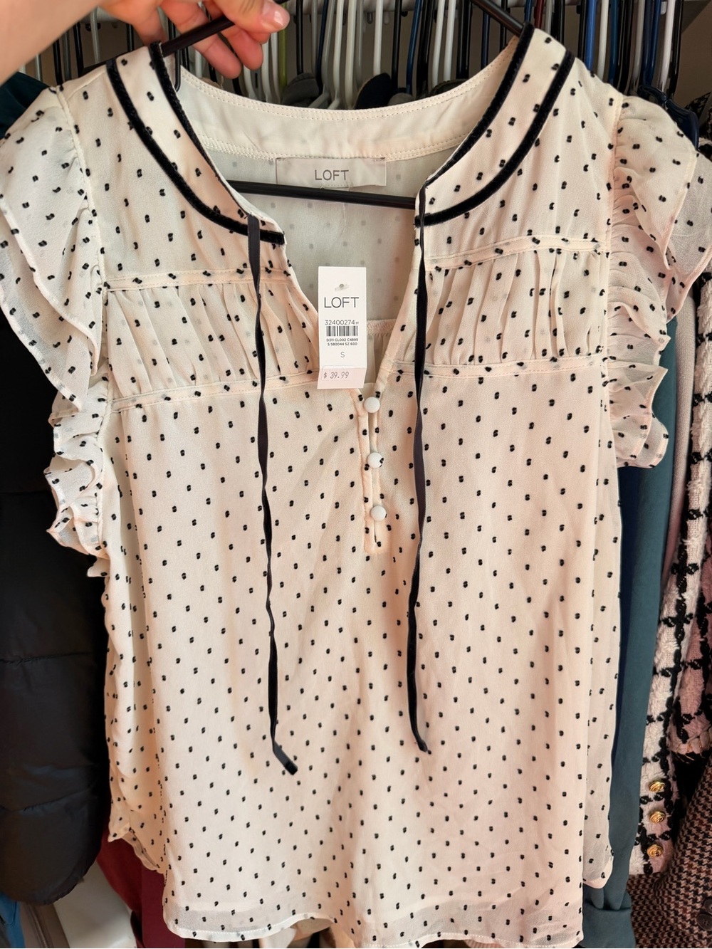 LOFT Cream Blouse with Black Polka Dots and Ruffle Sleeves